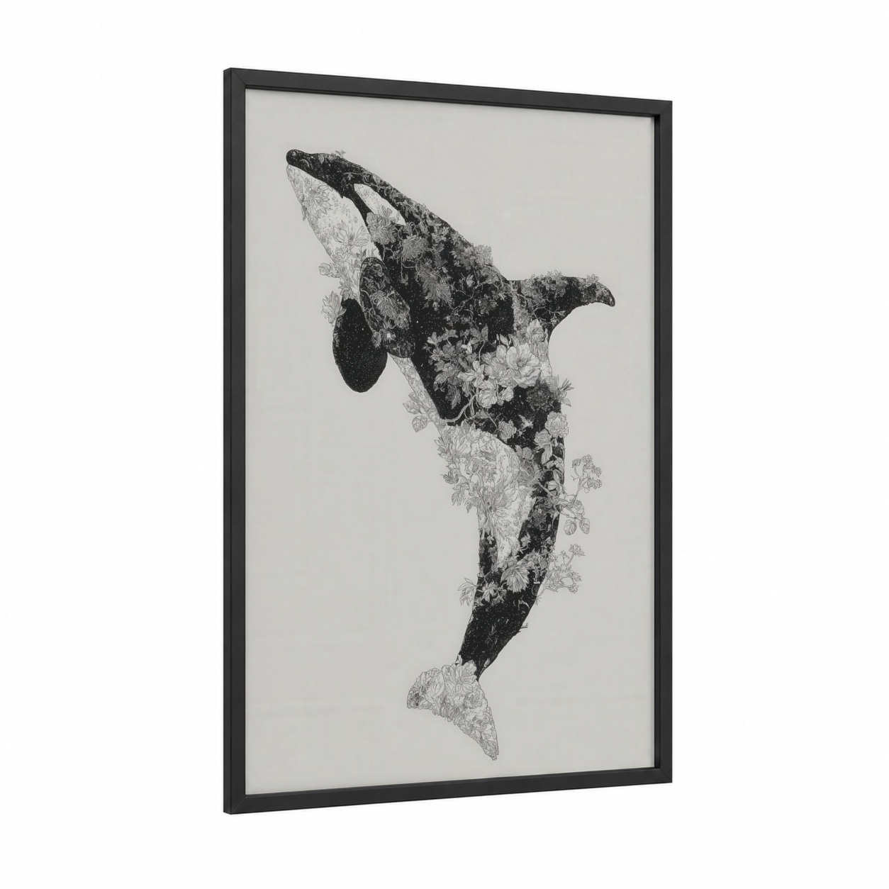 Floral Orca framed orca whale print — black wood frame — black and white and gray palette