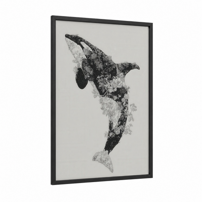Floral Orca framed orca whale print — black wood frame — black and white and gray palette