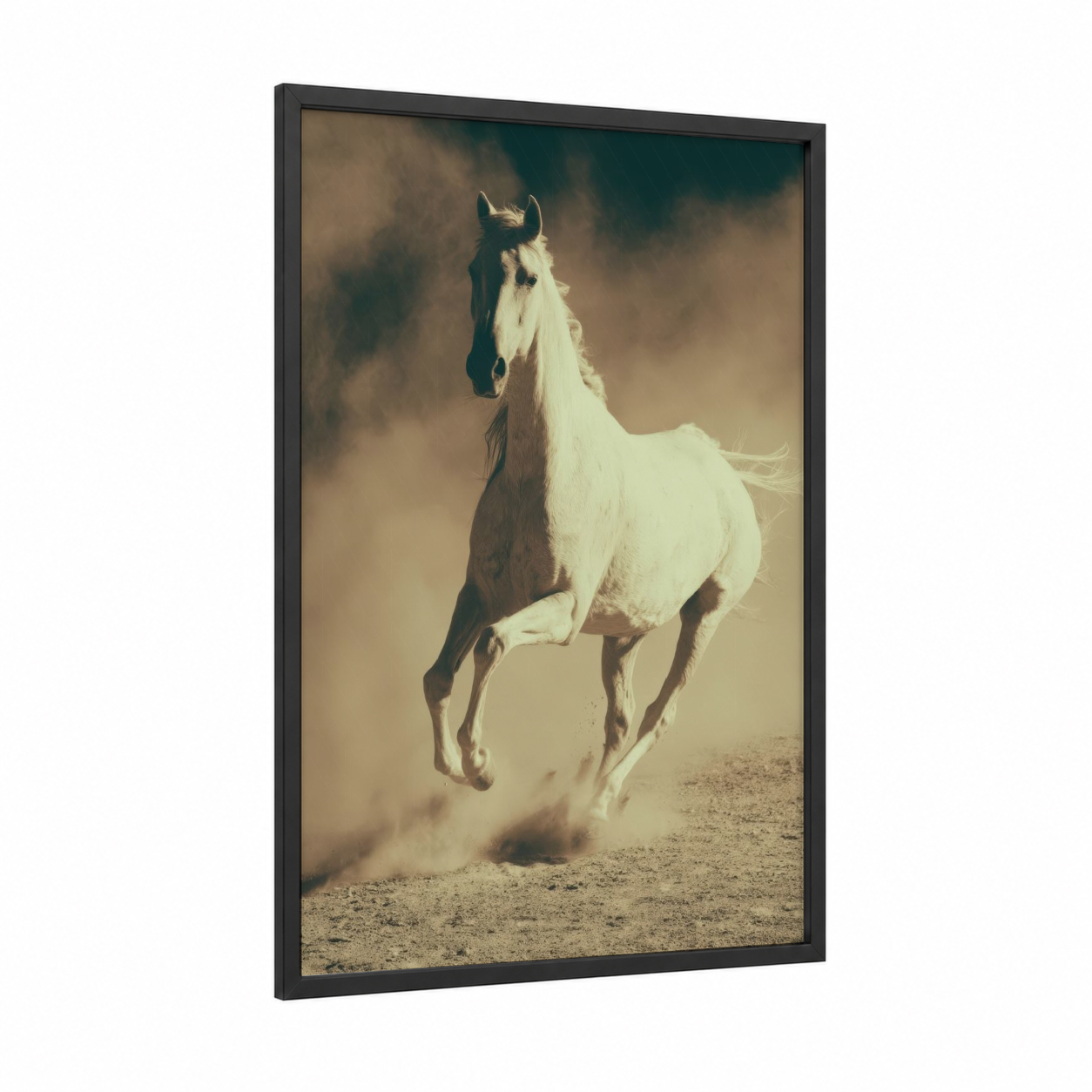 Desert Arabian framed arabian horse print — black wood frame — brown and white palette
