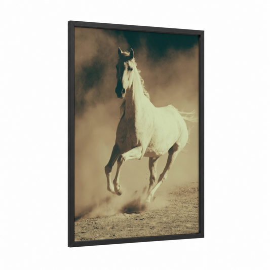 Desert Arabian framed arabian horse print — black wood frame — brown and white palette