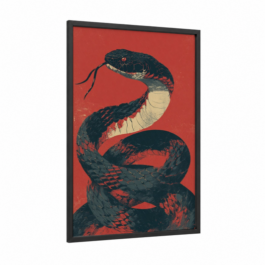 Crimson Viper framed art print — black wood frame — red and black palette