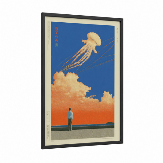 Jellyfish Sky framed japanese y2k print — black wood frame — royal blue and gold palette