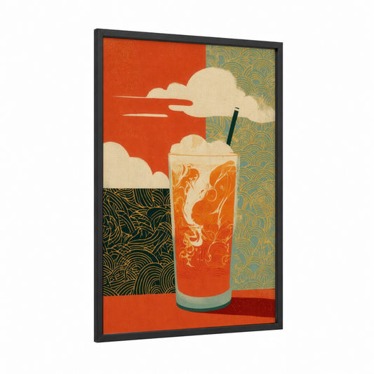 Crimson Tea Escape framed iced tea print — black wood frame — orange and gold palette