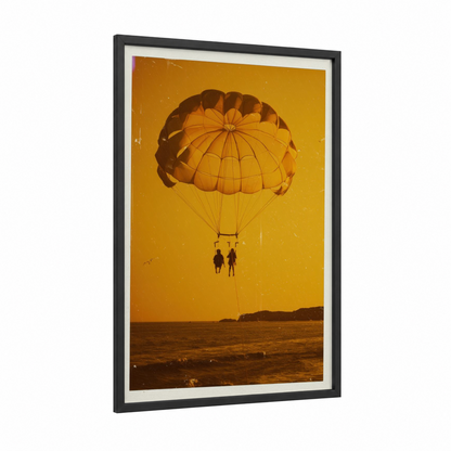 Golden Parasail Adventure framed parasailing print — black wood frame — gold and orange palette