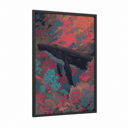 Coral Whale framed humpback whale print — black wood frame — turquoise palette