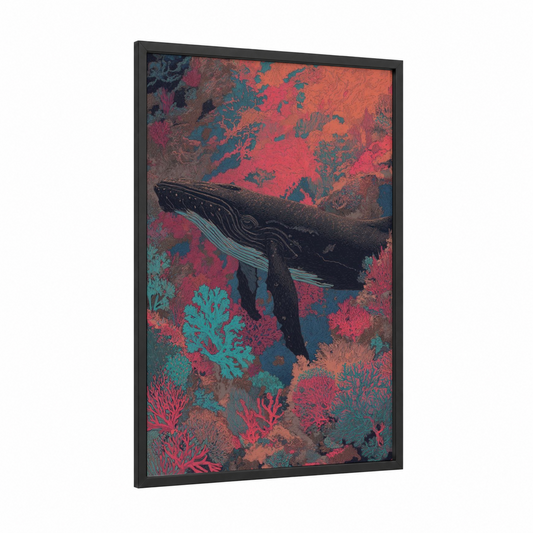 Coral Whale framed humpback whale print — black wood frame — turquoise palette