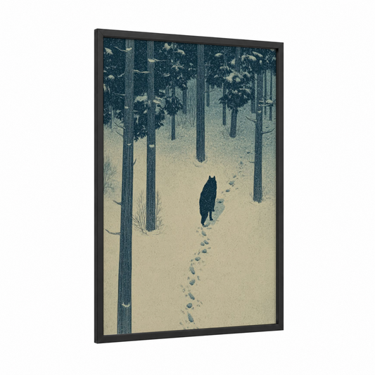 Snowy Hunt framed hunting print — black wood frame — dove gray and cream palette