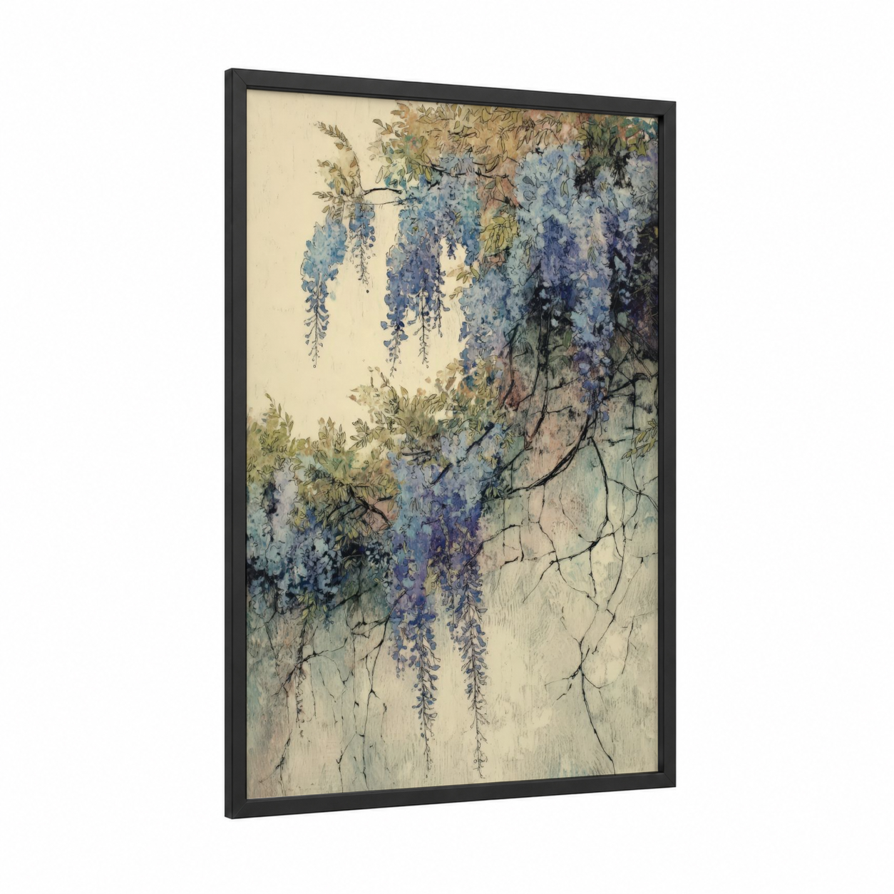 Cascading Wisteria framed art print — black wood frame — blue and cream palette