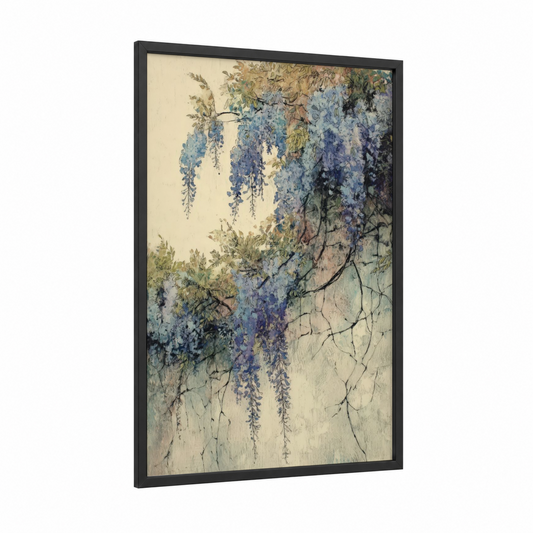 Cascading Wisteria framed art print — black wood frame — blue and cream palette