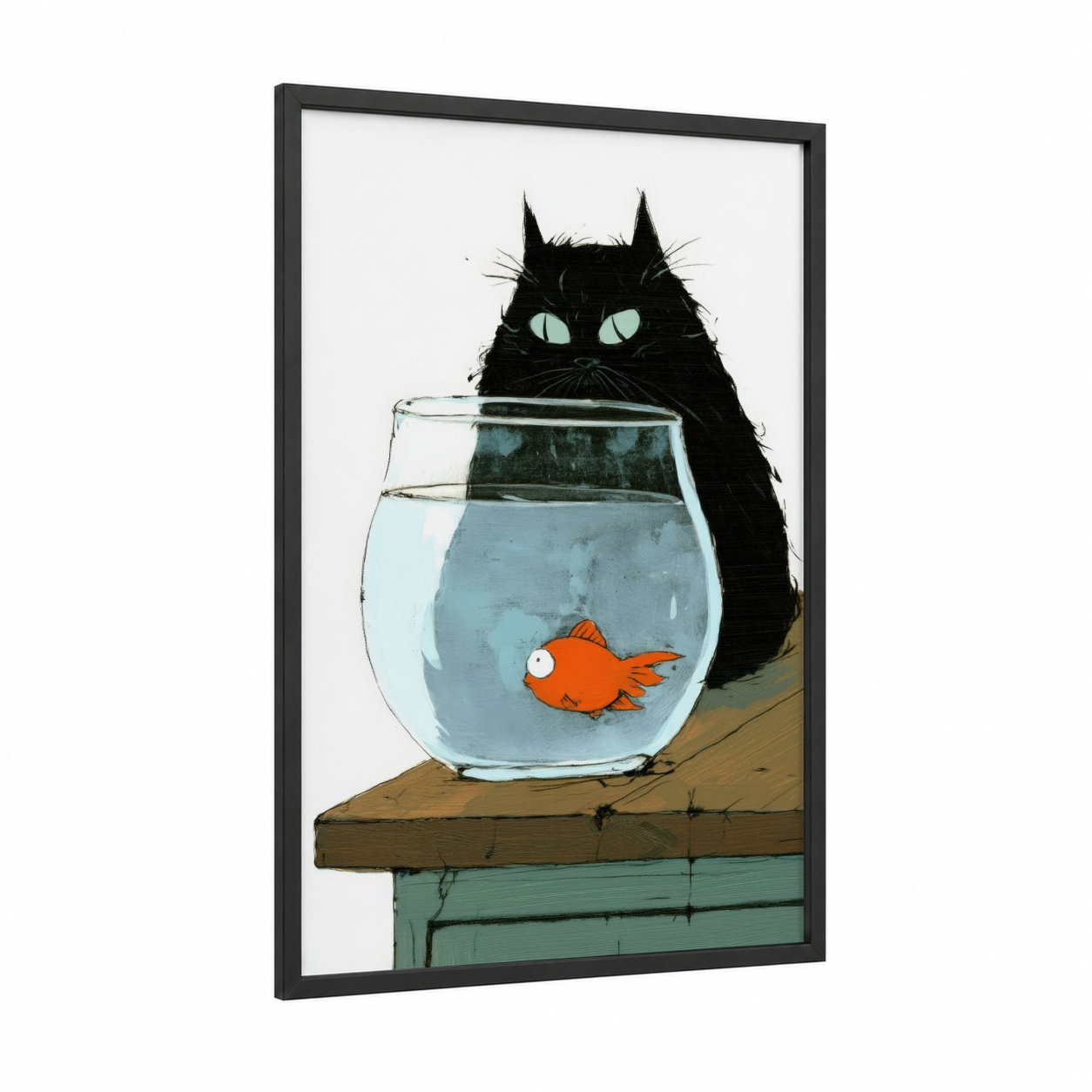 Curious Cat Goldfish framed art print — black wood frame — black and aquamarine palette