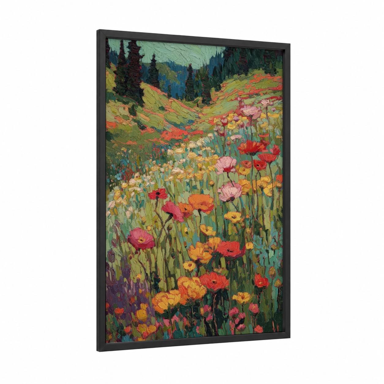 Alpine Wildflower Meadow framed alps print — black wood frame — green and red palette