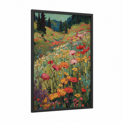 Alpine Wildflower Meadow framed alps print — black wood frame — green and red palette