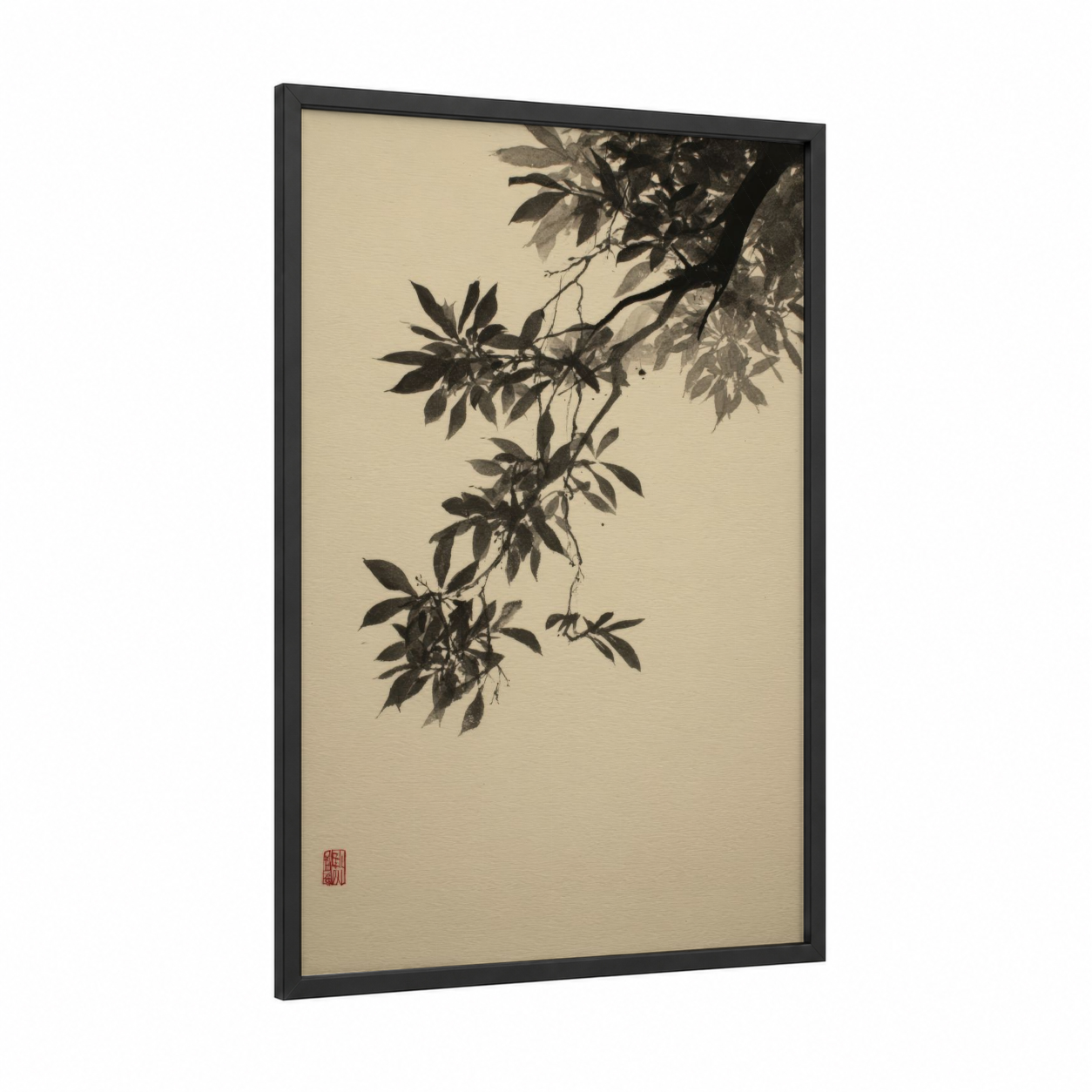 Hanging Banyan framed banyan tree print — black wood frame — black and white and cream palette