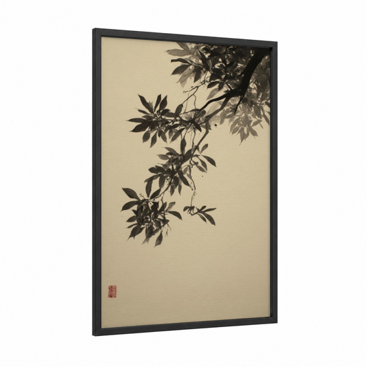 Hanging Banyan framed banyan tree print — black wood frame — black and white and cream palette