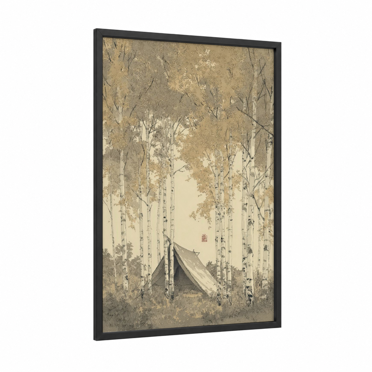 Birch Forest Camping framed art print — black wood frame — cream and beige palette