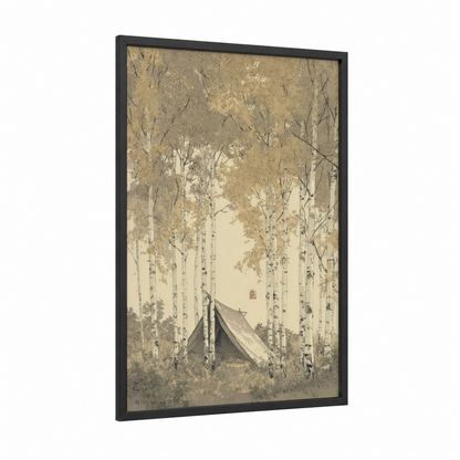 Birch Forest Camping framed art print — black wood frame — cream and beige palette