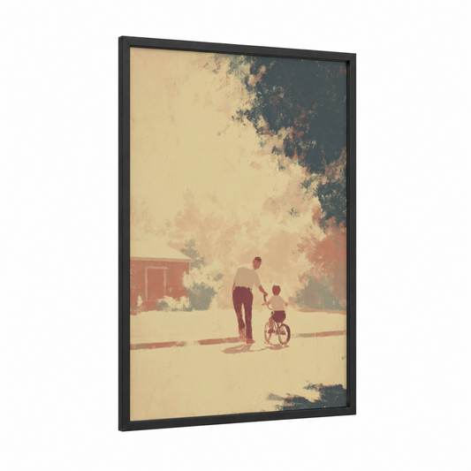 Vintage Bicycle Lesson framed father's day print — black wood frame — cream and russet palette
