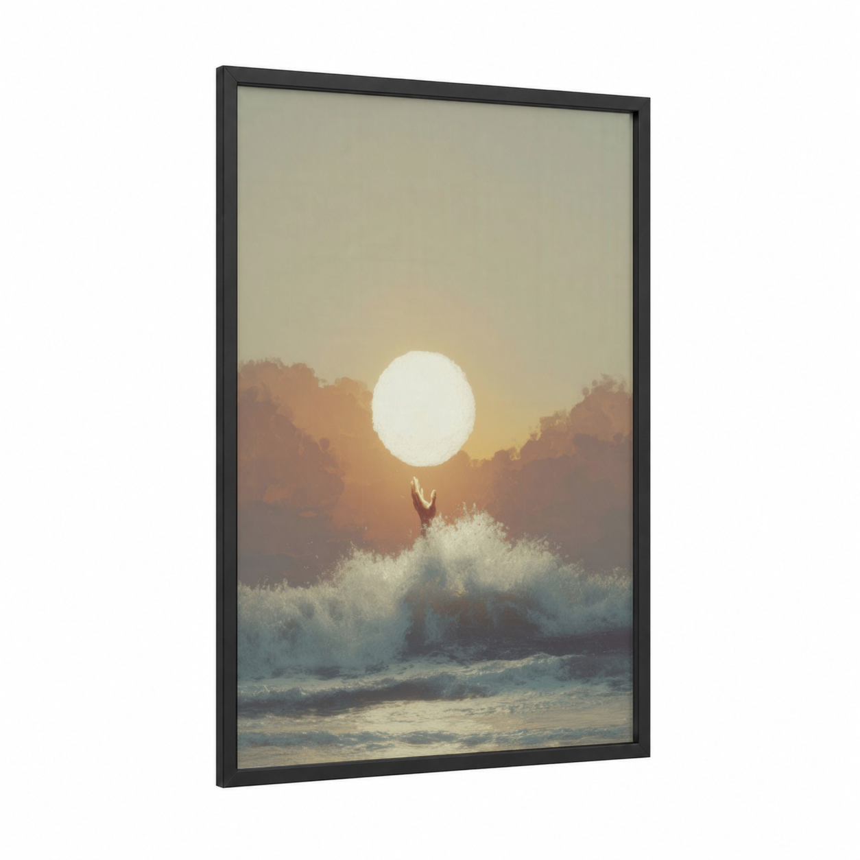 Golden Sunrise Wave framed art print — black wood frame — gold and cream palette