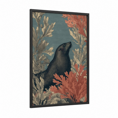 Coastal Sea Lion framed art print — black wood frame — teal and cream palette