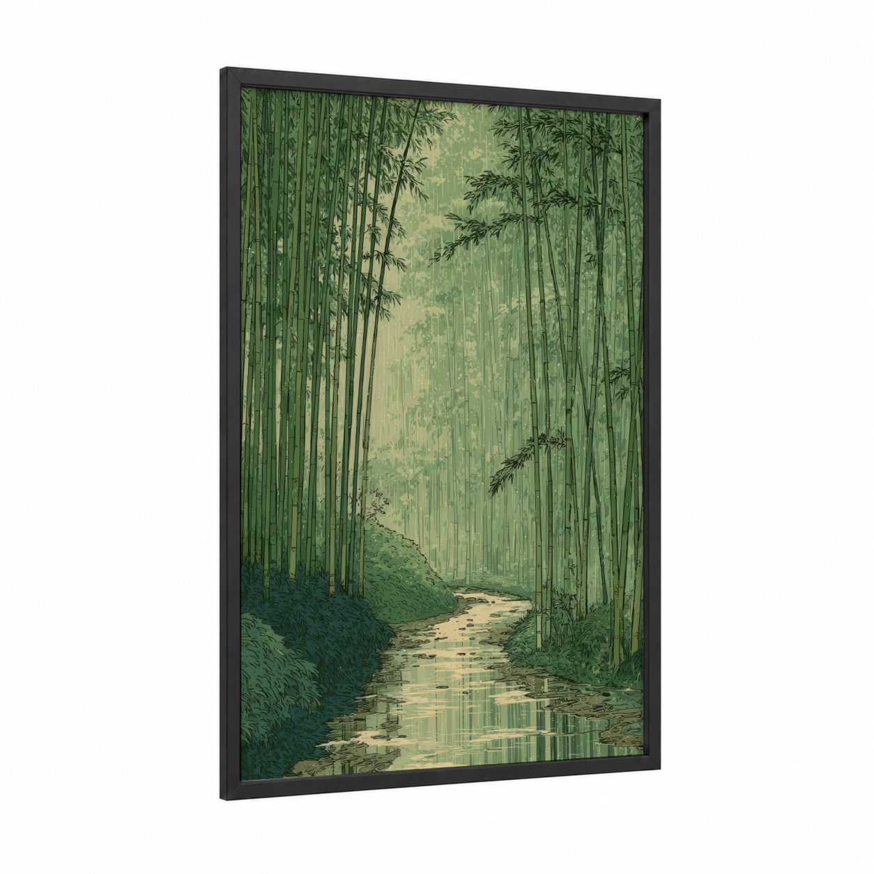 Serene Bamboo Stream framed bamboo jungle print — black wood frame — green and cream palette