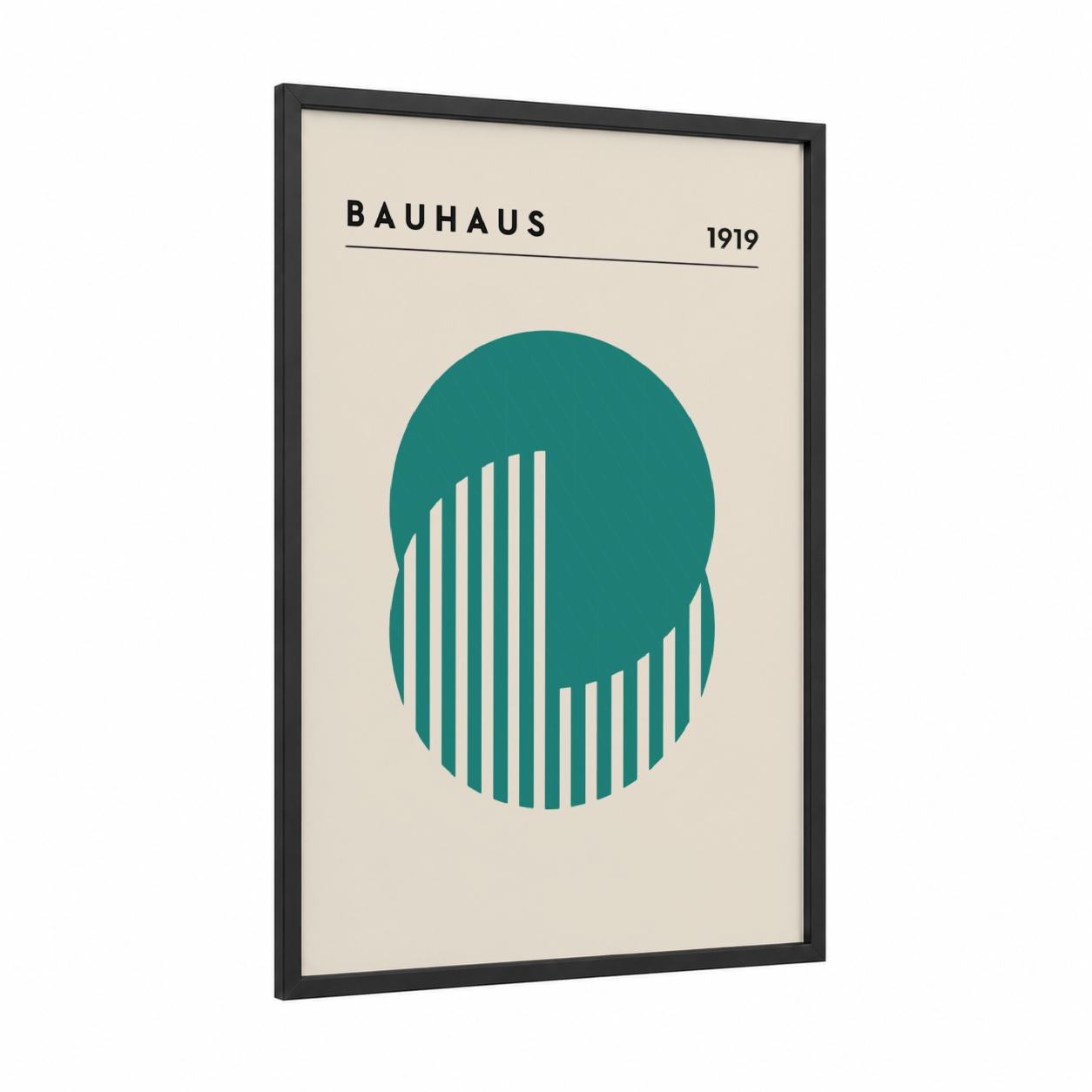 Bauhaus Geometric framed abstract geometric print — black wood frame — teal and cream palette