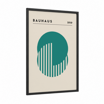 Bauhaus Geometric framed abstract geometric print — black wood frame — teal and cream palette