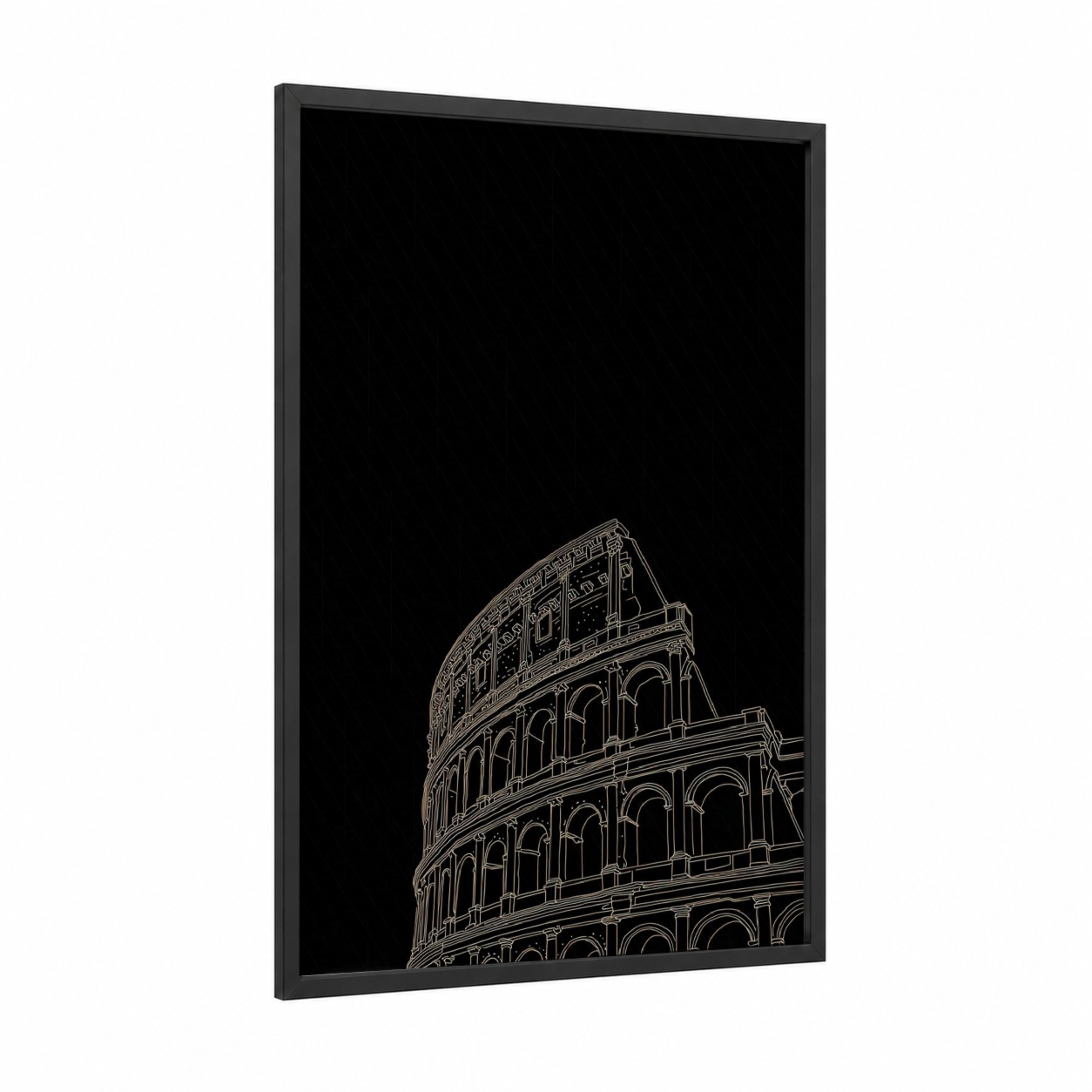 Ancient Colosseum framed art print — black wood frame — gold and black palette