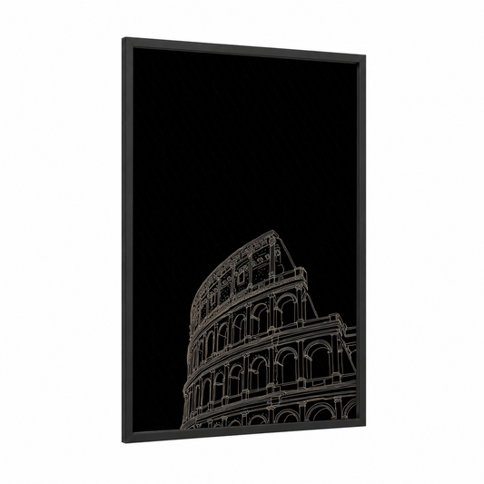 Ancient Colosseum framed art print — black wood frame — gold and black palette