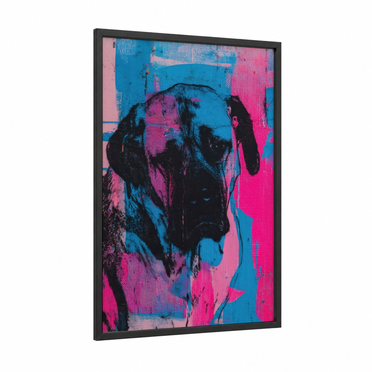 Pop Art Mastiff framed art print — black wood frame — magenta and blue palette