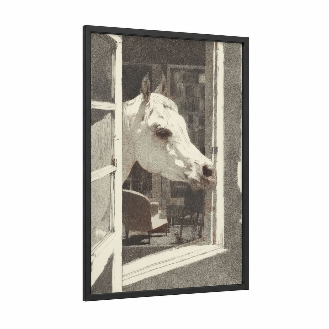 Curious Stable Horse framed arabian horse print — black wood frame — cream and espresso palette