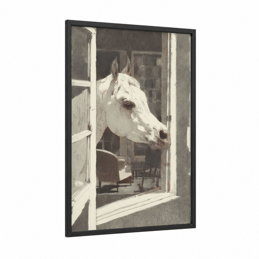 Curious Stable Horse framed arabian horse print — black wood frame — cream and espresso palette