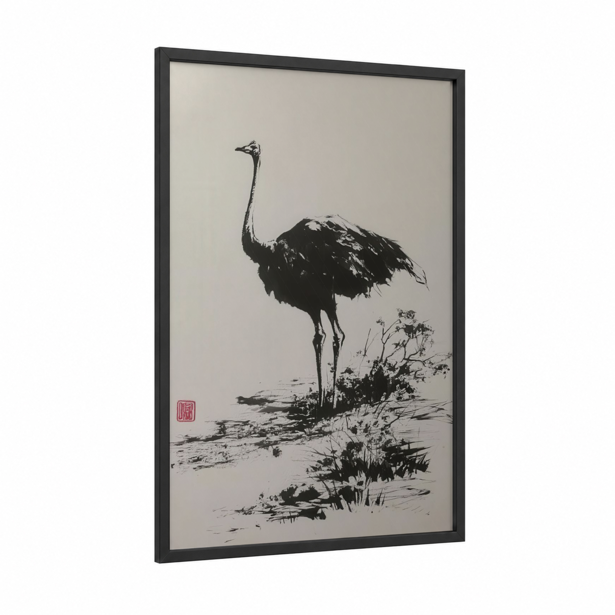 Savanna Ostrich framed art print — black wood frame — black and white palette