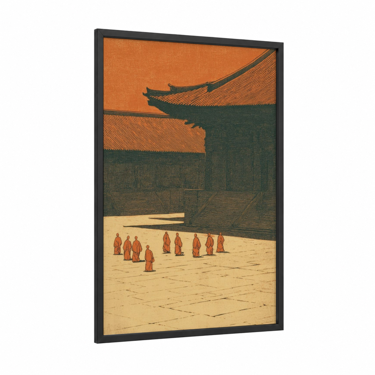 Temple Monks Training framed kung fu print — black wood frame — orange and dark green palette