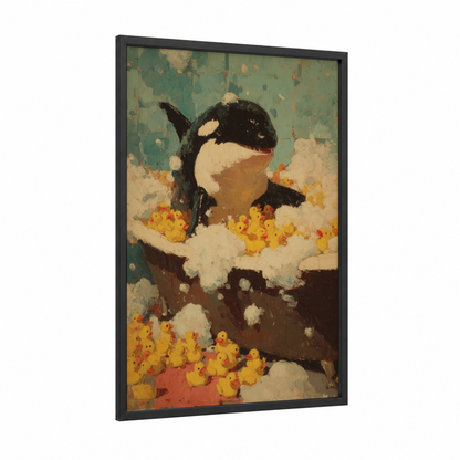 Playful Orca framed orca whale print — black wood frame — teal and cream palette