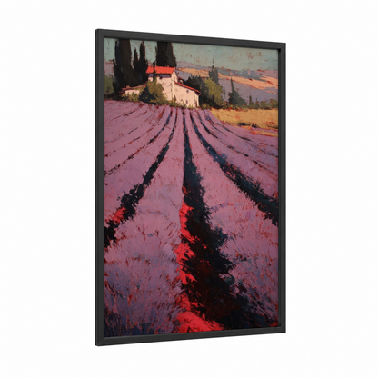 Tuscan Lavender Field framed art print — black wood frame — magenta and gold palette