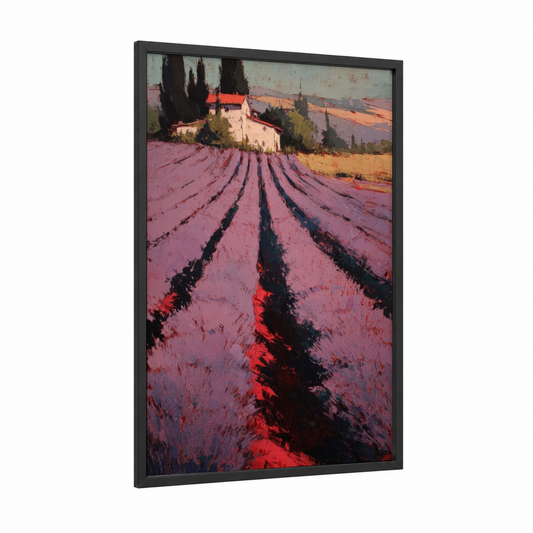Tuscan Lavender Field framed art print — black wood frame — magenta and gold palette