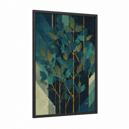 Golden Cedar Forest framed cedar tree print — black wood frame — teal and gold palette