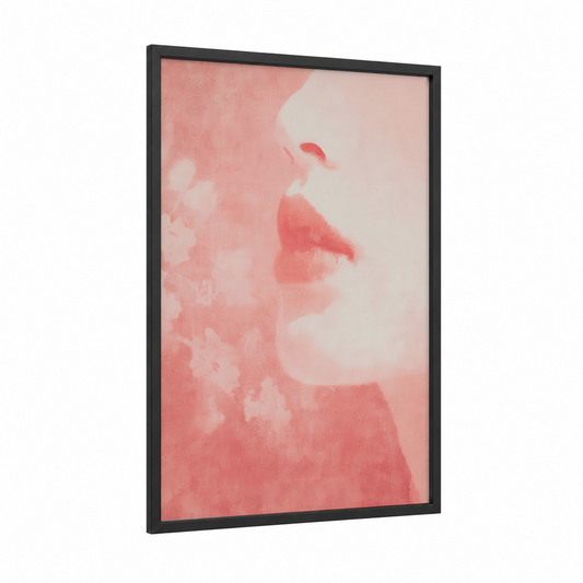 Rosy Lip Profile framed art print — black wood frame — salmon pink and cream palette