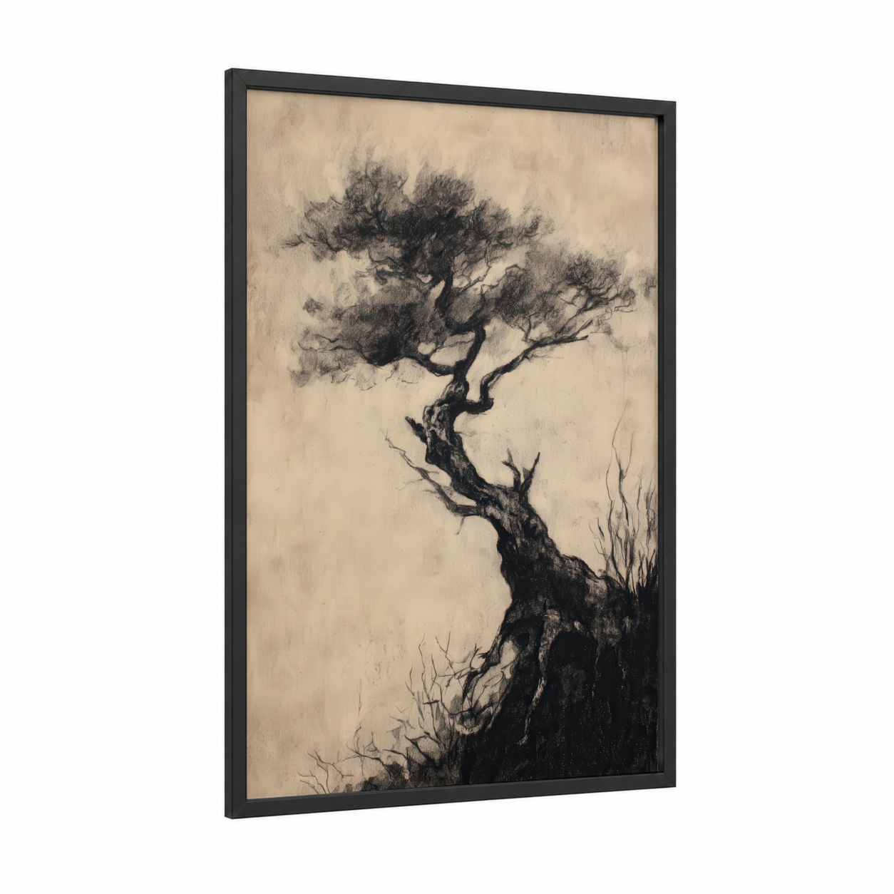 Windswept Bonsai framed bonsai tree print — black wood frame — black and beige palette