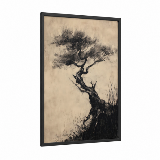 Windswept Bonsai framed bonsai tree print — black wood frame — black and beige palette