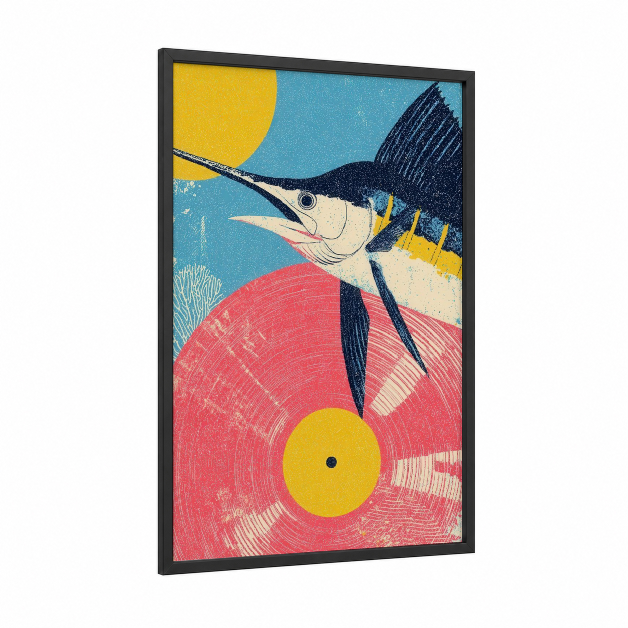 Golden Sailfish framed art print — black wood frame — yellow gold and blue and gold palette
