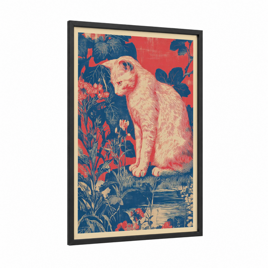 Garden Cat Portrait framed art print — black wood frame — blue and red palette