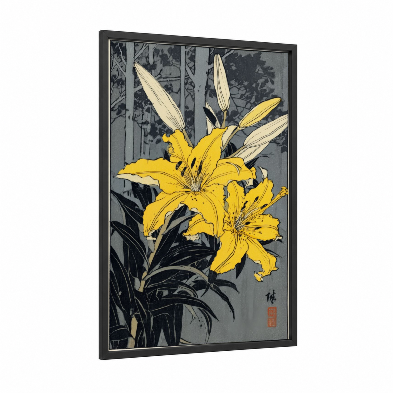 Golden Amarillys framed art print — black wood frame — yellow gold and gray palette