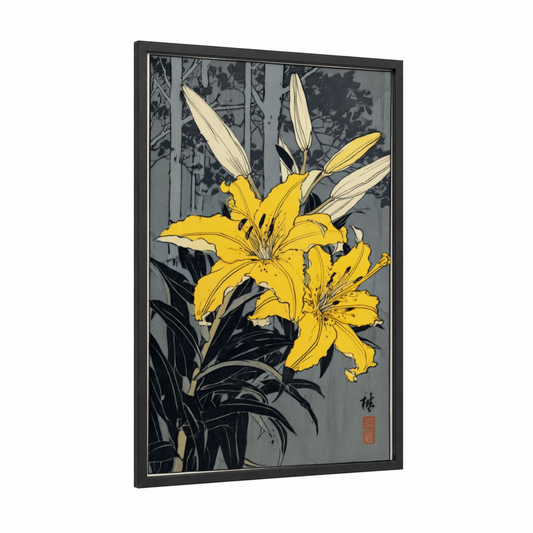 Golden Amarillys framed art print — black wood frame — yellow gold and gray palette
