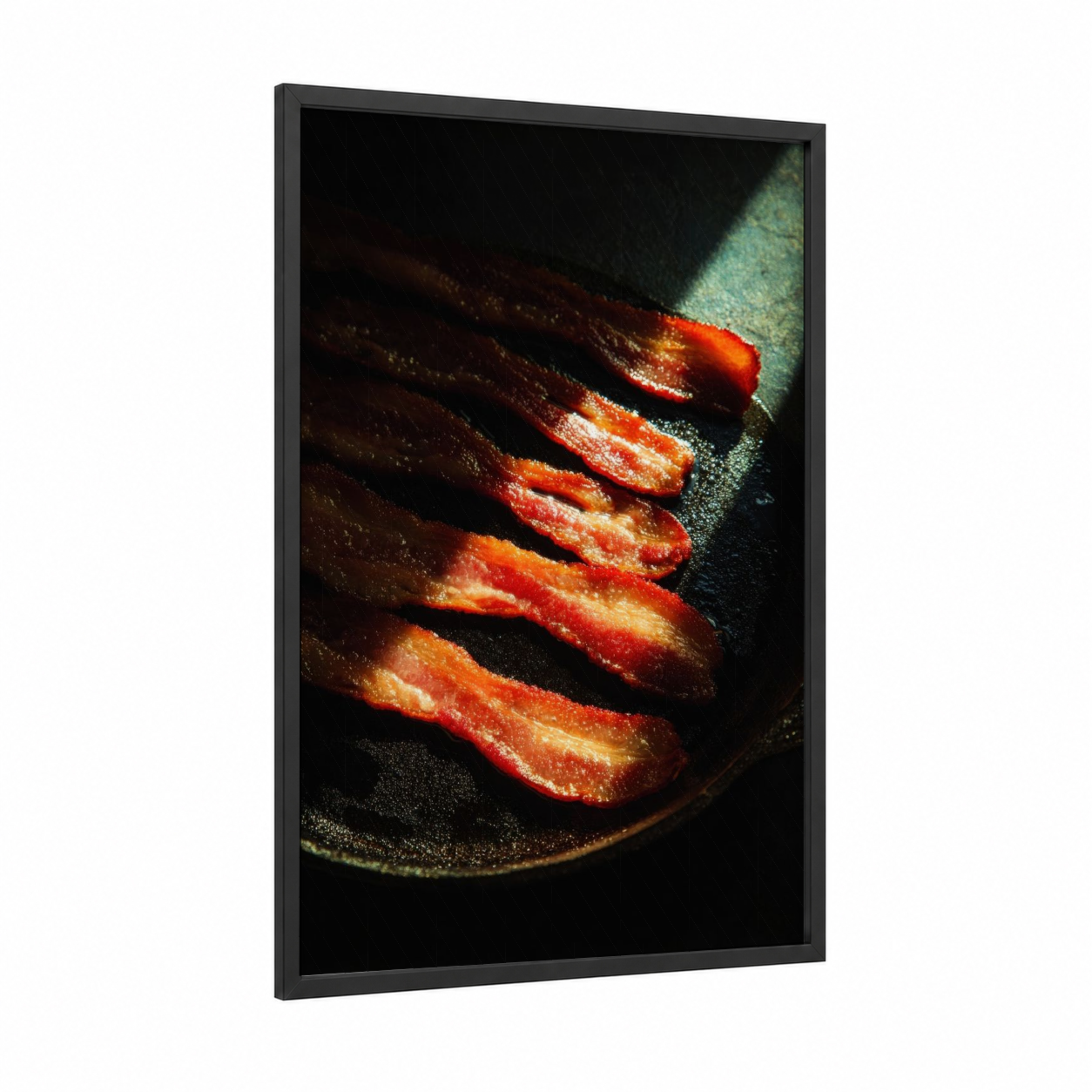 Seared Meat Glow framed art print — black wood frame — red and gold palette