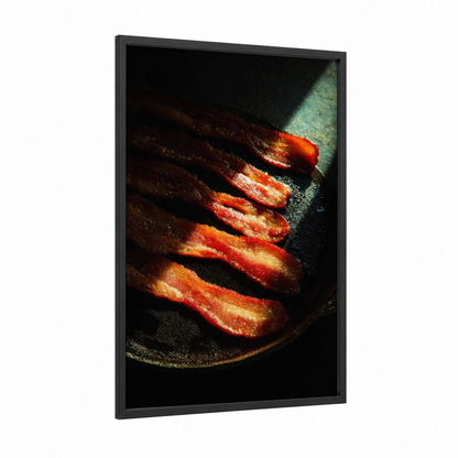 Seared Meat Glow framed art print — black wood frame — red and gold palette