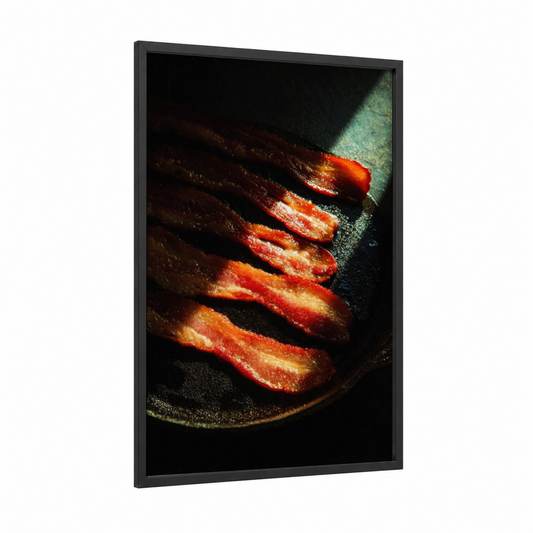 Seared Meat Glow framed art print — black wood frame — red and gold palette