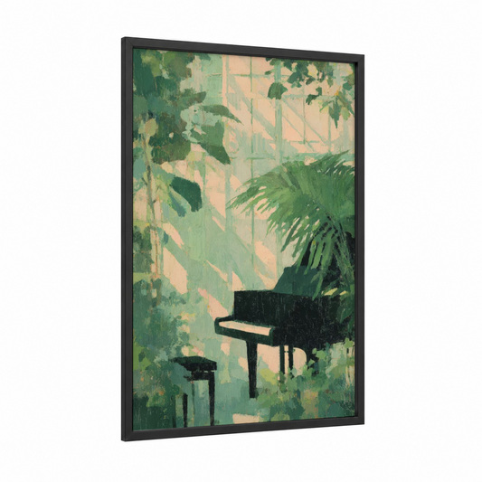 Greenhouse Piano framed art print — black wood frame — light green and cream palette