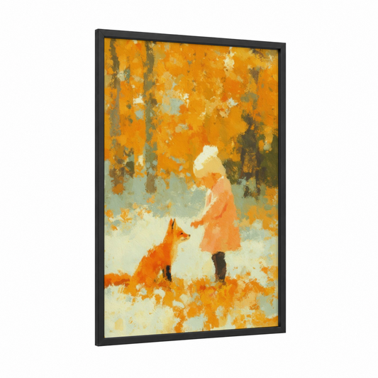 Autumn Fox Child framed kids animals print — black wood frame — orange and cream palette