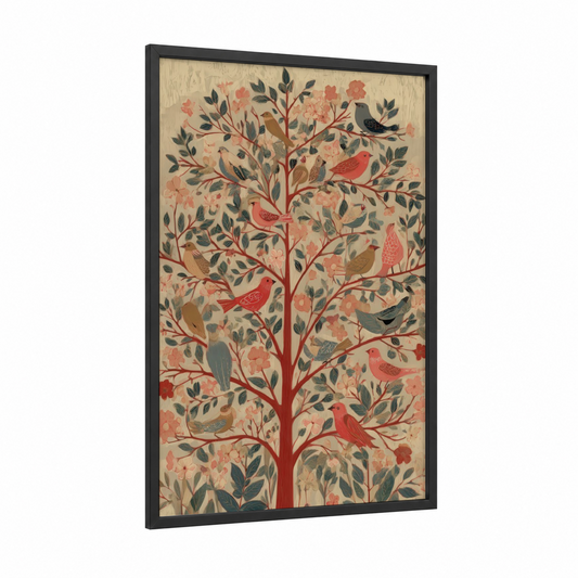 Songbird Dogwood framed art print — black wood frame — salmon pink and sage green palette